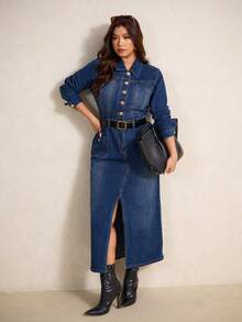 Elaquor Plus-Size Dark Blue Denim Dress, Classic Long-Sleeved Shirt Dress, French Elegance, Gold Metal Buckle Embellishment, Autumn/Winter Women's Clothing.
