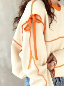 FRIFUL 女士宽松圆领撞色蝴蝶结长袖T恤