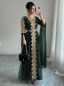 Rafferiza Áo choàng Abaya chắp vá tay dài cho nữ, váy Kaftan viền ren màu trơn - màu xanh lá - Xem 7