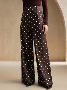 Anewsta 城市通勤波尔卡圆点高腰垂坠休闲女式西装裤，适合春季、夏季、节日、假日、度假、优雅、商务休闲 - 棕色 - 查看 6