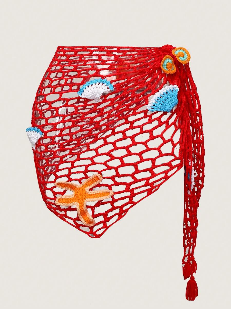 Swim Mod 加大码女式钩针编织海星沙滩披肩围巾罩衫 - 紅色 - 查看 1