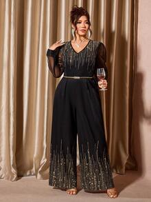 Cravure Plus Size Women's Luxurious, Elegant Mesh Patchwork Jumpsuit - Black - View 6
