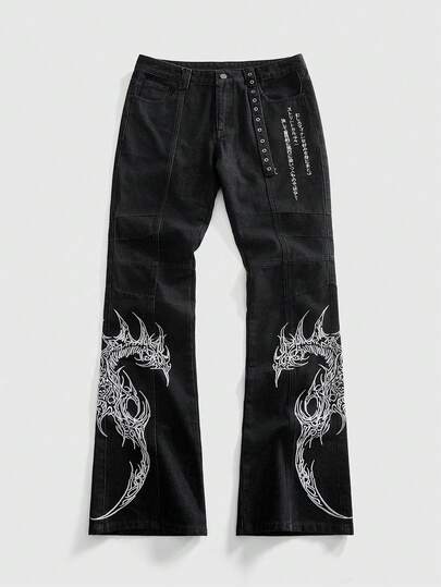 Street Life Jeans à poches superposées avec motif de broderie japonaise pour hommes