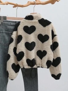 SHEIN Moletom Folgado e Fofo com Estampa de Coração para Meninas Pré-Adolescentes, Casual e Versátil - Caqui - Visão 2