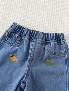 Cozy Pixies 男婴卡通恐龙图案松紧腰裤，百搭舒适 - 藍色 - 查看 3