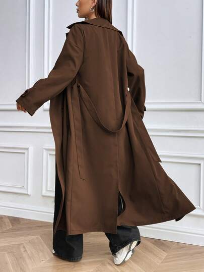 Ritzy Row Abrigo largo de mujer de unicolor con doble botonadura, estilo trench