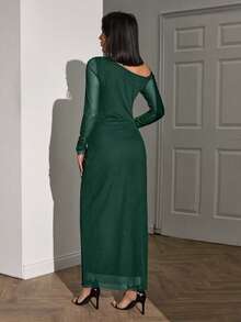EURMUSE Women Solid Color Sheer Long Sleeve Detailed Dress - Dark Green - View 2