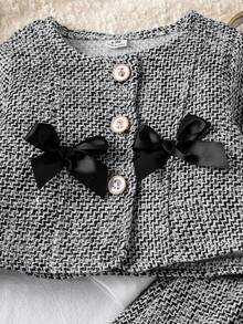 SHEIN Playful Pals 女婴蝴蝶结装饰时尚夹克和拼色拼布连衣裙套装，秋冬