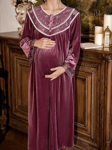 PalaceNights 复古宫廷风天鹅绒长款刺绣蕾丝拼接流苏V领长袖孕妇睡裙，冬季 - 紫色 - 查看 4