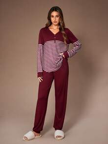 Lazeform Set de lenjerie intimă casual pentru femei, cu dungi, contrastant, cu blocuri de culoare, cu decolteu în V, mânecă lungă