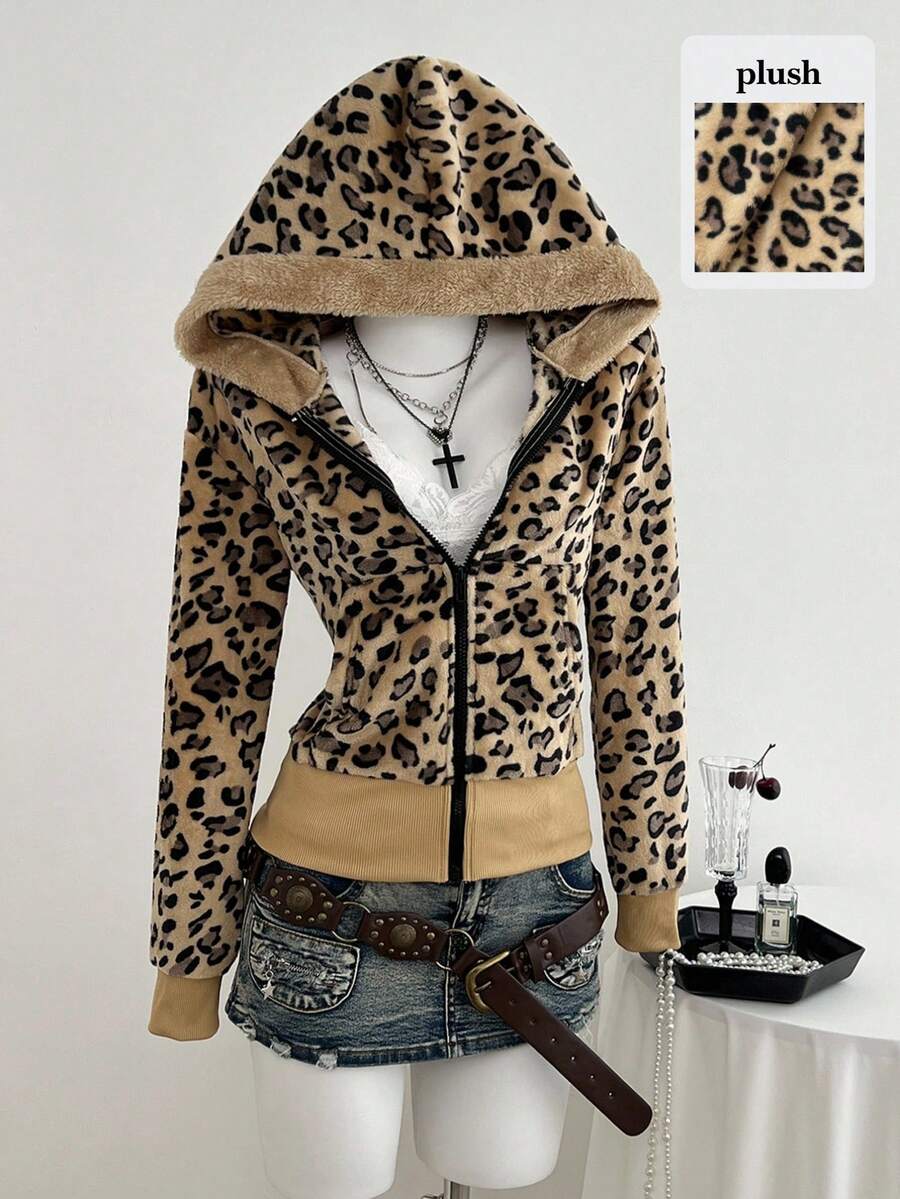 Elamini Women's Leopard Print Double-Sided Thermal Lined Thick Fluffy Collar Fitted Zip-Up Hooded Jacket With Pockets, Suitable For Autumn/Winter Outings, Parties, School, Commute, Office, Casual, Vintage Daily Wear - Multicolor - View 1
