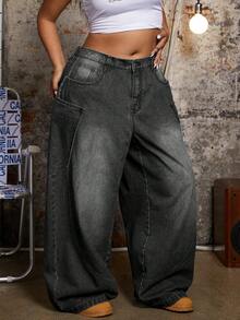 SHEIN ICON Plus Size Casual Distressed Washed Wide Leg Boyfriend Jeans - Grey - View 4
