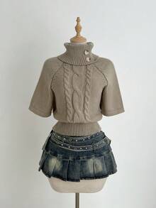 Elamini Maglione da donna con collo a lupetto, maniche corte e colletto a cappuccio, design alla moda per un uso versatile quotidiano, adatto per l'autunno/inverno - Cachi - Visualizzare 1