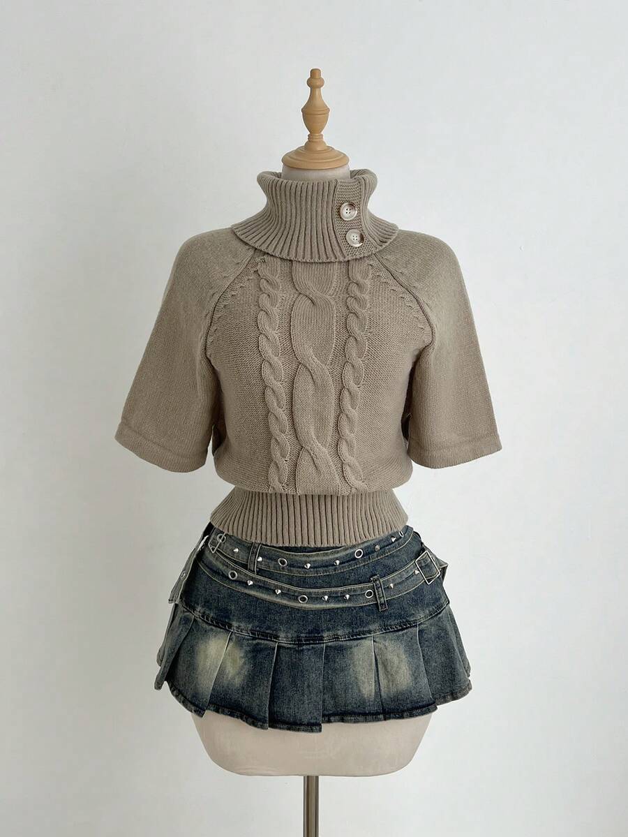 Elamini Maglione da donna con collo a lupetto, maniche corte e colletto a cappuccio, design alla moda per un uso versatile quotidiano, adatto per l'autunno/inverno - Cachi - Visualizzare 1