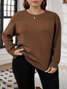 SHEIN CURVE+ 大码女式优雅休闲毛衣上衣 - 巧克力棕 - 查看 3