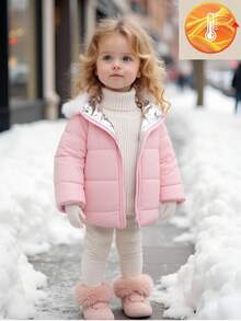 SHEIN Playful Pals 1pc Baby Girls Comfortable Casual Zip-Up Furry Hooded Long Sleeve Padded Coat, Versatile For Autumn/Winter Daily Wear Baby Girl Jacket Winter