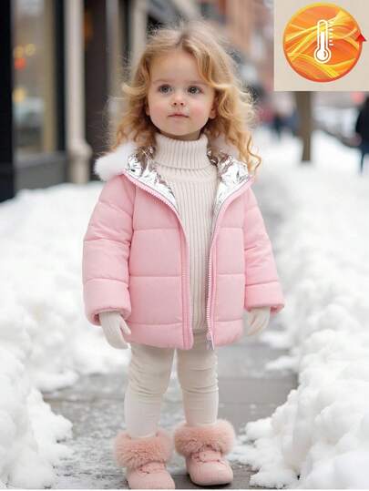 SHEIN Playful Pals 1pc Baby Girls Comfortable Casual Zip-Up Furry Hooded Long Sleeve Padded Coat, Versatile For Autumn/Winter Daily Wear Baby Girl Jacket Winter