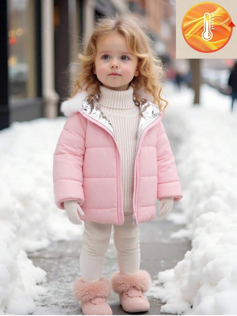 SHEIN Playful Pals 1pc Baby Girls Comfortable Casual Zip-Up Furry Hooded Long Sleeve Padded Coat, Versatile For Autumn/Winter Daily Wear Baby Girl Jacket Winter