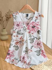 EMERY ROSE Summer Leisure Pleated Button Decorated Asymmetrical Hem Flower Print Tank Top - Multicolor - View 1