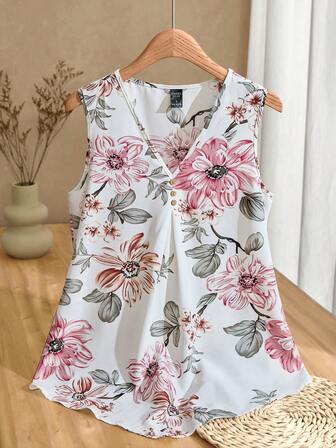 EMERY ROSE Summer Leisure Pleated Button Decorated Asymmetrical Hem Flower Print Tank Top
