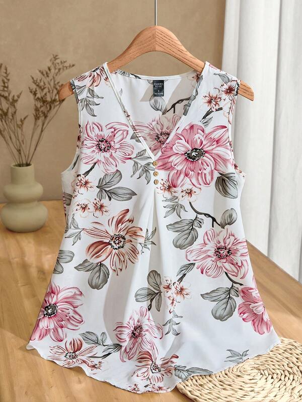 Rusticease Summer Leisure Pleated Button Decorated Asymmetrical Hem Flower Print Tank Top