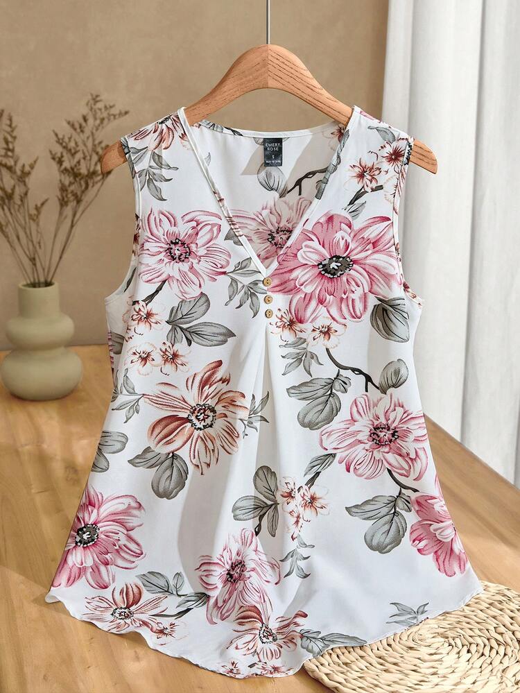 Summer Leisure Pleated Button Decorated Asymmetrical Hem Flower Print Tank Top