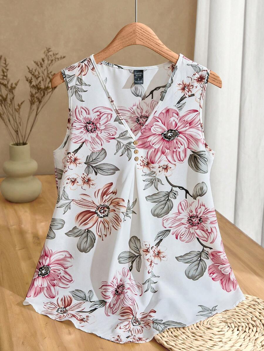 EMERY ROSE Summer Leisure Pleated Button Decorated Asymmetrical Hem Flower Print Tank Top - Multicolor - View 1