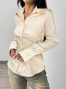 SHEIN EZwear Camicia a maniche lunghe da donna a righe intrecciata color albicocca - Albicocca - Visualizzare 5