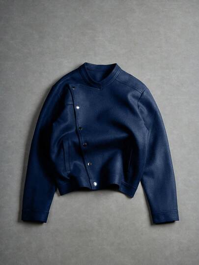 Manfinity EMRG Chaqueta de manga larga con botones en diagonal para hombres, chaqueta casual con diseño de botones asimétricos, regalo recomendado para esposo, novio, amigo - Chaqueta bomber azul marino, chaqueta corta para hombres, blazer corto con cremallera para hombres