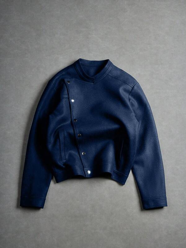 Manfinity EMRG Men's Oblique Button Long Sleeve Jacket, Asymmetrical Button Design Casual Jacket, Recommended Gift For Husband, Boyfriend, Friend Blue Bomber Jacket Cropped Men Jacket Cropped Zip Up Men Cropped Blazer Navy Blue Jacket