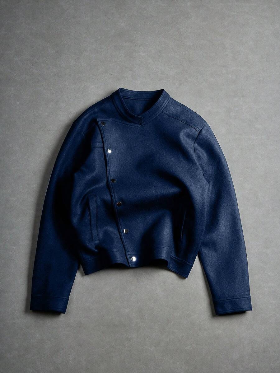 Manfinity EMRG Men's Oblique Button Long Sleeve Jacket, Asymmetrical Button Design Casual Jacket, Recommended Gift For Husband, Boyfriend, Friend Blue Bomber Jacket Cropped Men Jacket Cropped Zip Up Men Cropped Blazer Navy Blue Jacket - Navy Blue - View 1