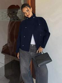 Siren Gaze Áo khoác len hai hàng khuy trơn màu thời trang dành cho nữ, màu xanh navy - Màu xanh hải quân - Xem 7