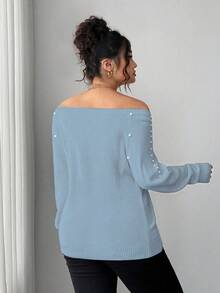 Elenzga Pearl Embellished Off-Shoulder Sweater, Combining Softness And Elegance - Blue - View 2