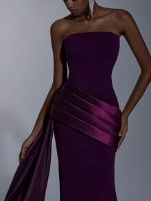 Elitara Elegant, Romantic, Fashionable, Minimalist, Deep Purple, Stretchy Fabric, Satin Patchwork, Stylish, Holiday, Vacation, Birthday Party, Wedding Event, Formal Dinner Dress - Dark Purple - View 3