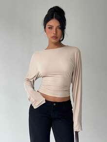 Aloruh Maglietta larga a maniche lunghe con vita stretta, colore unito, adatta per autunno/inverno - Albicocca - Visualizzare 2