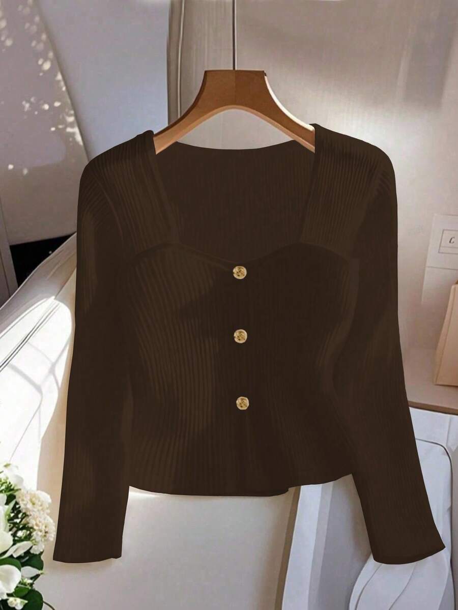 GlowEve 女士时尚商务休闲纯色鸡心领长袖罗纹针织金属纽扣装饰T恤,春秋季 - 棕色 - 查看 1