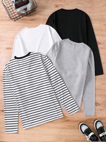 Vacaura 4 件套青少年男童休闲基本款条纹圆领长袖 T 恤，适合秋季穿着，冬季可作为夹克内搭