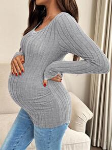 SHEIN Stylish Light Grey Maternity Top Long Sleeve Scoop Neck Knitted Fabric With Elegant Lace And Bow Accent
