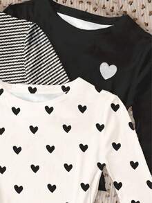 3件套黑白系列，白色，黑白条纹，黑色，青少年女孩修身休闲简约心形图案圆领长袖短款T恤套装，适合秋冬季 - 彩色 - 查看 5