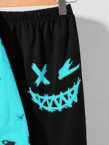 SHEIN 2pcs Tween Boy Casual Street Chic Tie-Dye Graffiti Graphic Round Neck Short Sleeve T-Shirt And Pants Set, Suitable For Commuting, School, Daily Casual, Sports, Street Style, Spring/Summer - Blue - View 3