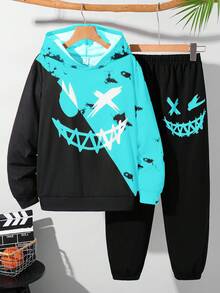 SHEIN 2pcs Tween Boy Casual Street Chic Tie-Dye Graffiti Graphic Round Neck Short Sleeve T-Shirt And Pants Set, Suitable For Commuting, School, Daily Casual, Sports, Street Style, Spring/Summer - Blue - View 6