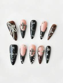 ROMWE Anime 10pcs Cute Bowknot Music Note Star Element High Quality Handmade False Nails + 3pcs Double-Sided Adhesive, Y2K French Style Rhinestone Chain Polka Dot Removable Nail Art Stickers, Suitable For Holidays, Parties, Dancing And Daily Wear