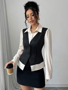 Selianne Áo sơ mi nữ dài tay 2 trong 1 sọc trơn màu giản dị - màu đen - Xem 6