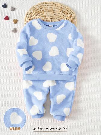 Cozy Pixies 2pcs Baby Girl Colorful Floral Print Fleece Lined Contrast Color Crew Neck Long Sleeve Hoodie And Jogger Pants Set Baby Blue Two Piece Set Baby Girl Winter Outfit Baby Casual Sets Baby Warm Sets Baby Blue Heart Print Set