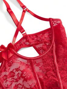 SpicyHot Bộ 3 món: Bộ đồ lót ren cỡ lớn có gọng + Găng tay - Đỏ - Xem 3