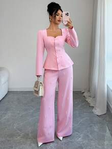 Rafferiza Women's Elegant Square Neck Long Sleeve Suit Set Women Pants Suit Two Piece Set Women Elegant 2 Piece Casual Sets Woman Pant Suit Summer Sets - Pink - View 4
