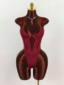 Amplova 女士纯色细肩带镂空性感无袖紧身衣 - 紅色 - 查看 3