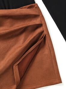 Franclia 女式纯色高领长袖 T 恤和褶皱中长裙休闲两件套，秋季 - 彩色 - 查看 3