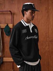 SWAVVY Sudadera casual para hombres, negra con cuello a contraste, estampado, adecuada para primavera, otoño e invierno, top de manga larga - Negro - Ver 6