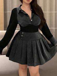 Vibekara Set da 2 pezzi composto da maglia a costine con contrasto di colore e gonna plissettata in vita elastica, taglie comode